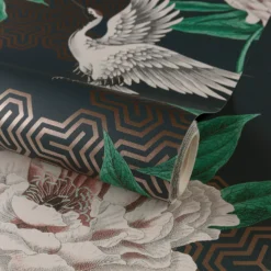 Grandeco Flying Cranes Navy Metallic Wallpaper -Famous Wallpaper Store 13980232 1384998777204024