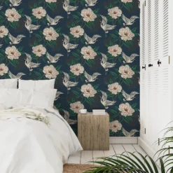 Grandeco Flying Cranes Navy Metallic Wallpaper -Famous Wallpaper Store 13980232 1554998777288927