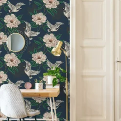 Grandeco Flying Cranes Navy Metallic Wallpaper -Famous Wallpaper Store 13980232 9364998777375135