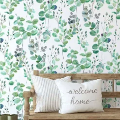 Fresco Watercolour Green Leaves White Grey Wallpaper -Famous Wallpaper Store 13991828 1125003725130025