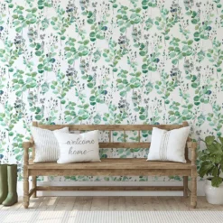Fresco Watercolour Green Leaves White Grey Wallpaper -Famous Wallpaper Store 13991828 1405003725087989