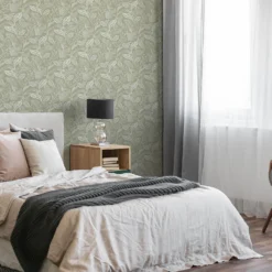 Fresco Artisan Leaf Sage Wallpaper -Famous Wallpaper Store 13991878 1545003725226550